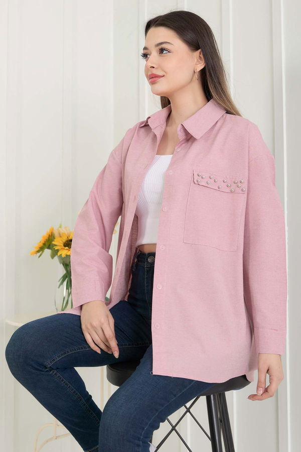 Düz Gömlek Yaka Kadın Pembe Gömlek - 11469