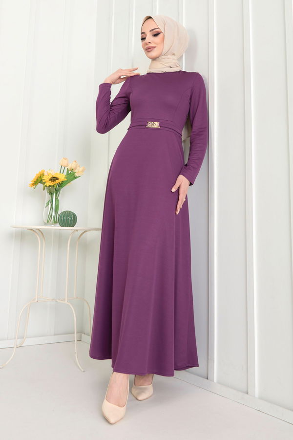 Düz Bisiklet Yaka Kadın Mor Elbise - 22532