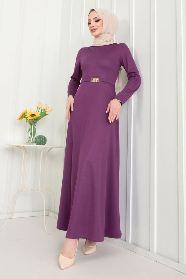 Düz Bisiklet Yaka Kadın Mor Elbise - 22532