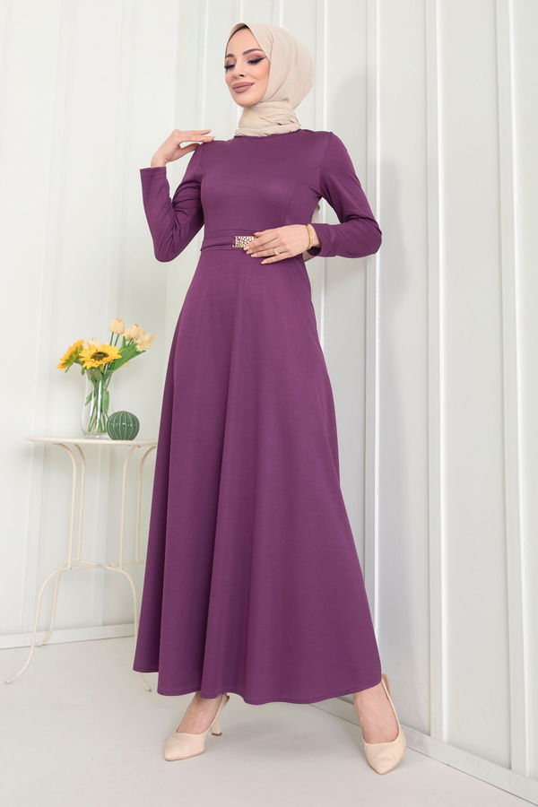 Düz Bisiklet Yaka Kadın Mor Elbise - 22532