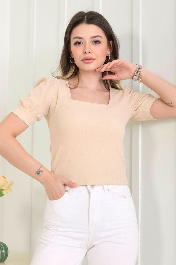 Düz Bisiklet Yaka Kadın Bej Bluz - 22524