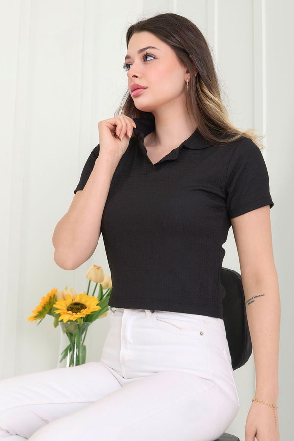Düz Gömlek Yaka Kadın Siyah Bluz - 22526