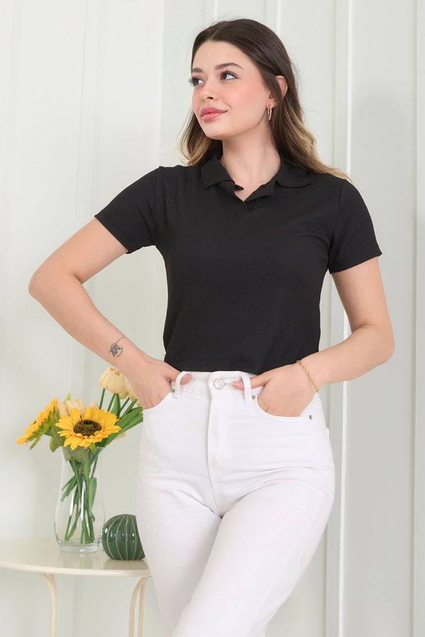 Düz Gömlek Yaka Kadın Siyah Bluz - 22526