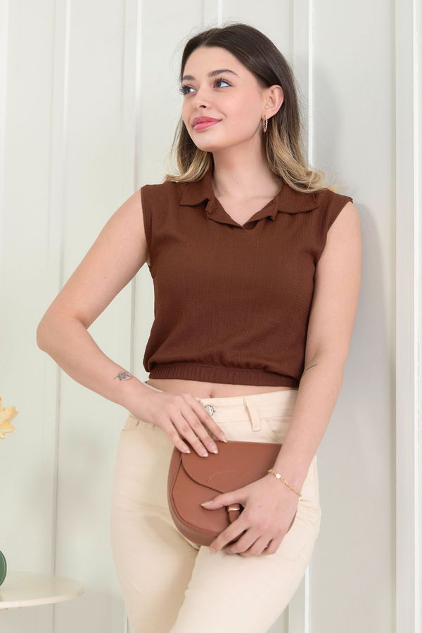 Düz Gömlek Yaka Kadın Kahverengi Bluz - 22526