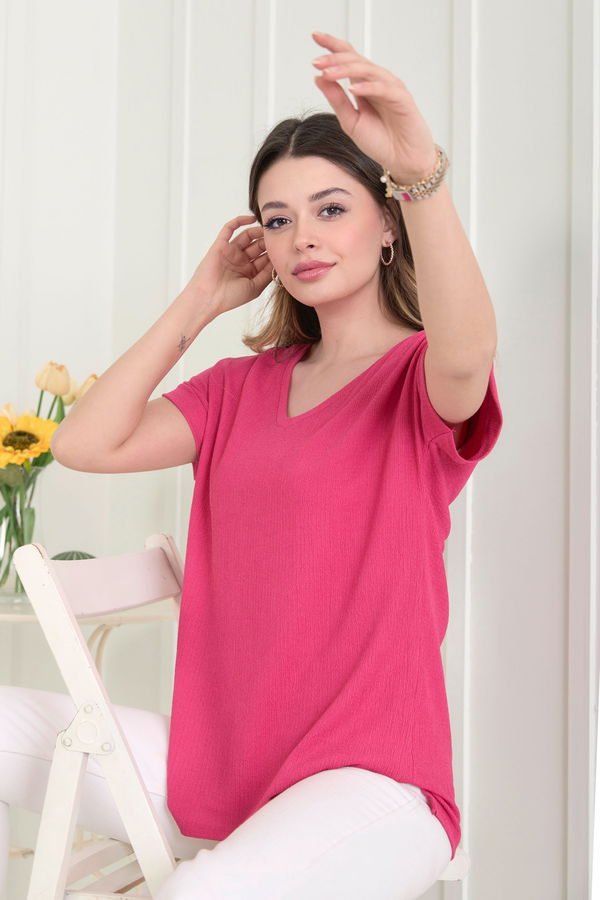 Düz Orta Kadın Fuşya Bluz - 22529