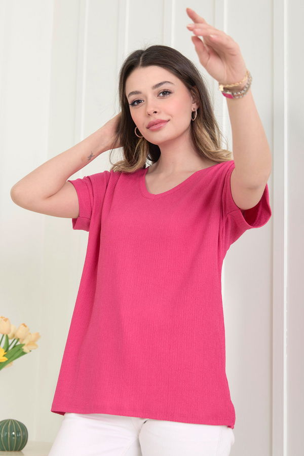 Düz Orta Kadın Fuşya Bluz - 22529