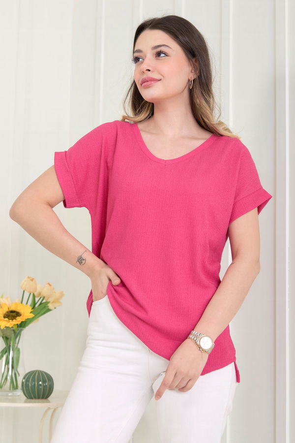 Düz Orta Kadın Fuşya Bluz - 22529