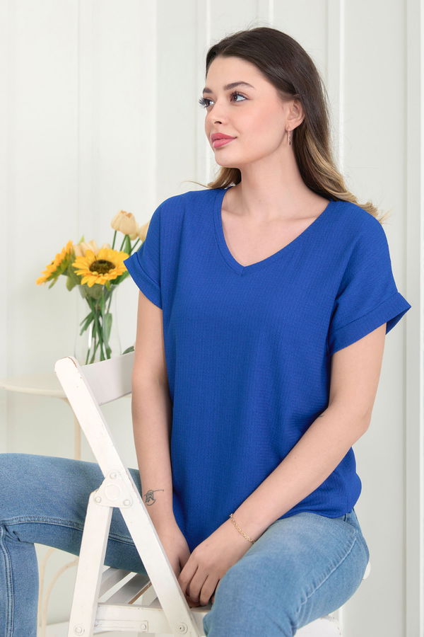 Düz Orta Kadın Mavi Bluz - 22529