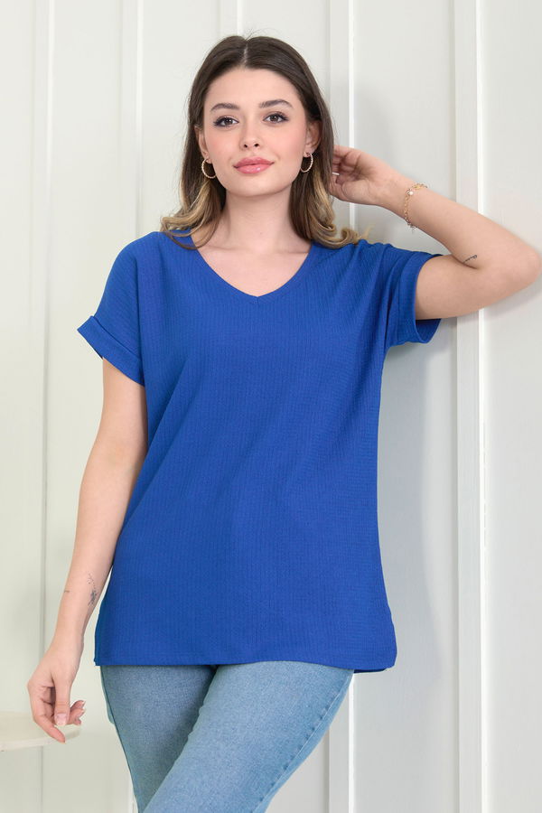 Düz Orta Kadın Mavi Bluz - 22529