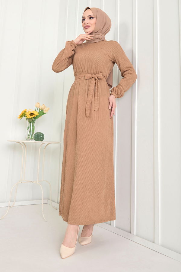 Düz Bisiklet Yaka Kadın Taba Elbise - 22520