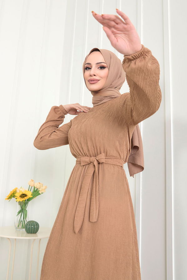 Düz Bisiklet Yaka Kadın Taba Elbise - 22520