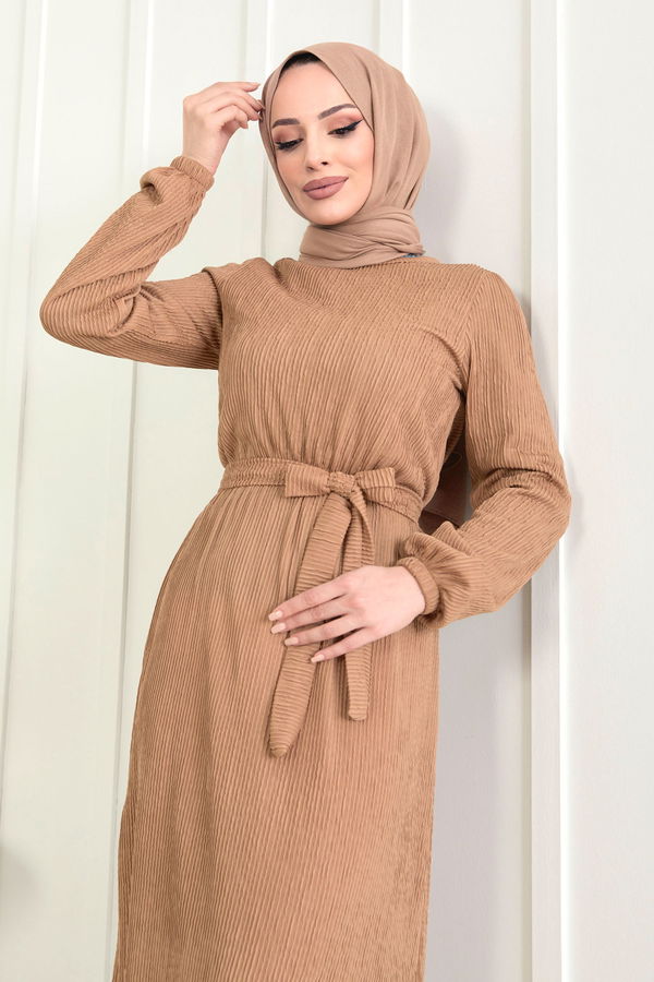 Düz Bisiklet Yaka Kadın Taba Elbise - 22520