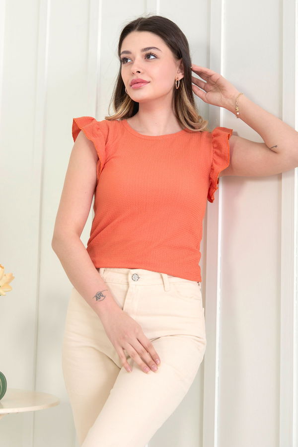 Düz Bisiklet Yaka Kadın Turuncu Bluz - 22528
