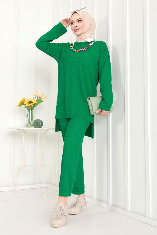 Düz Bisiklet Yaka Kadın Yeşil Tunik+Pantolon - 22521