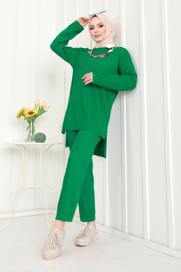 Düz Bisiklet Yaka Kadın Yeşil Tunik+Pantolon - 22521