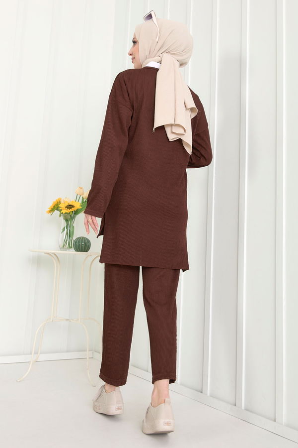 Düz Bisiklet Yaka Kadın Kahverengi Tunik+Pantolon - 22521 KAHVERENGİ