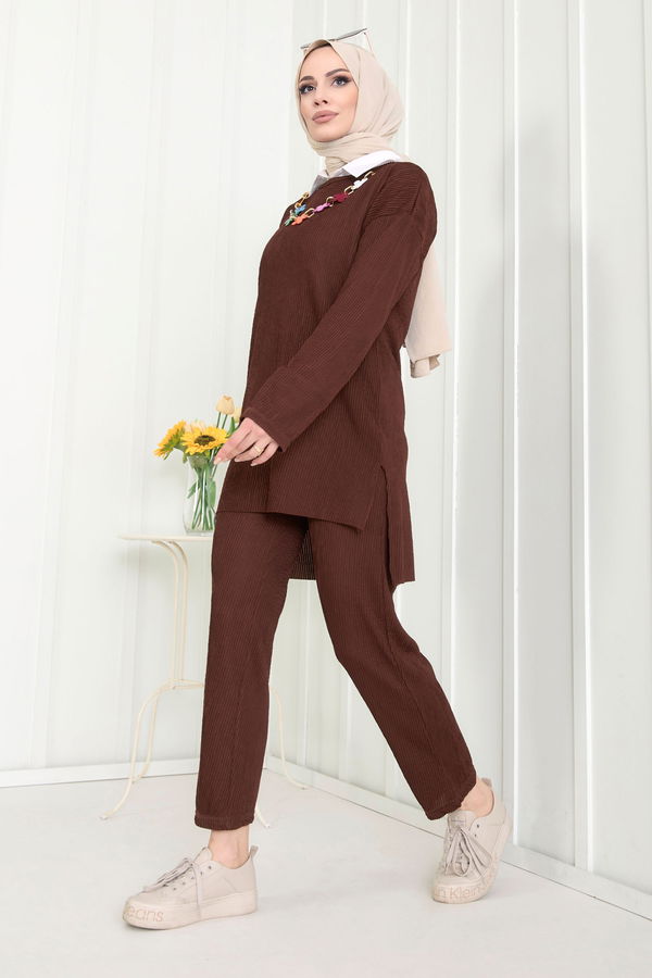 Düz Bisiklet Yaka Kadın Kahverengi Tunik+Pantolon - 22521 KAHVERENGİ