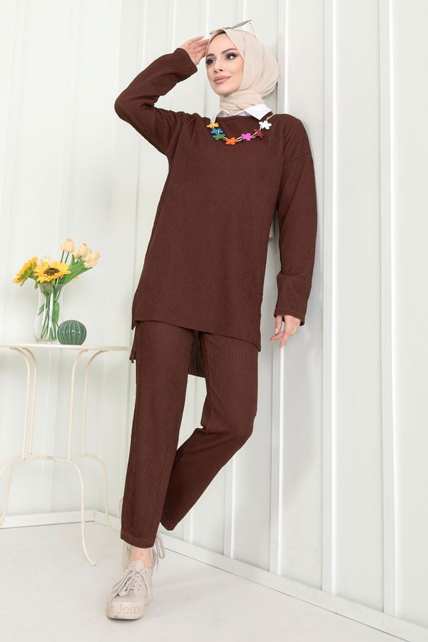 Düz Bisiklet Yaka Kadın Kahverengi Tunik+Pantolon - 22521 KAHVERENGİ