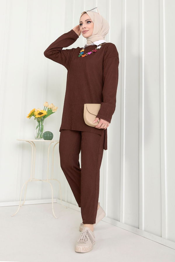 Düz Bisiklet Yaka Kadın Kahverengi Tunik+Pantolon - 22521 KAHVERENGİ