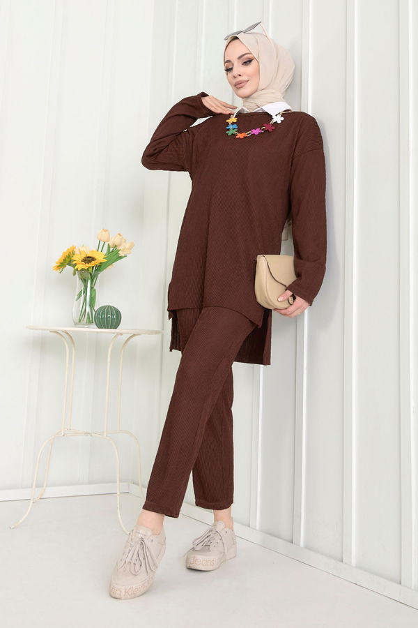 Düz Bisiklet Yaka Kadın Kahverengi Tunik+Pantolon - 22521 KAHVERENGİ