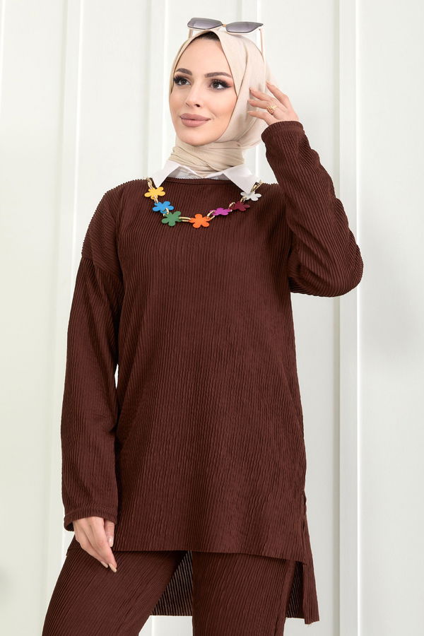 Düz Bisiklet Yaka Kadın Kahverengi Tunik+Pantolon - 22521 KAHVERENGİ