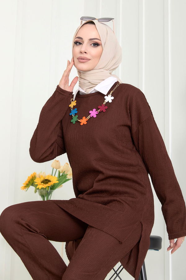 Düz Bisiklet Yaka Kadın Kahverengi Tunik+Pantolon - 22521 KAHVERENGİ