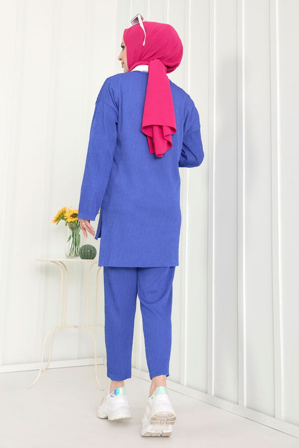Düz Bisiklet Yaka Kadın Mavi Tunik+Pantolon - 22521