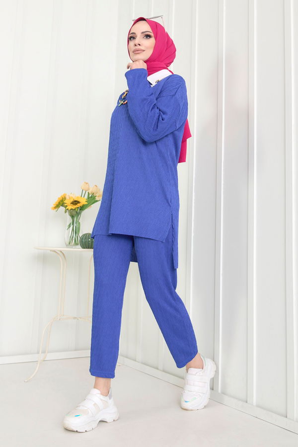 Düz Bisiklet Yaka Kadın Mavi Tunik+Pantolon - 22521