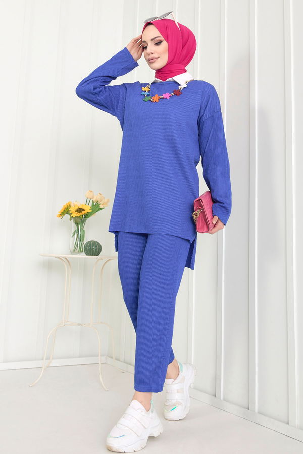 Düz Bisiklet Yaka Kadın Mavi Tunik+Pantolon - 22521
