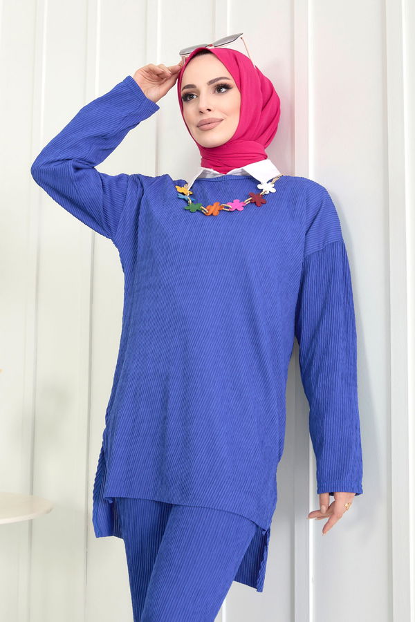 Düz Bisiklet Yaka Kadın Mavi Tunik+Pantolon - 22521
