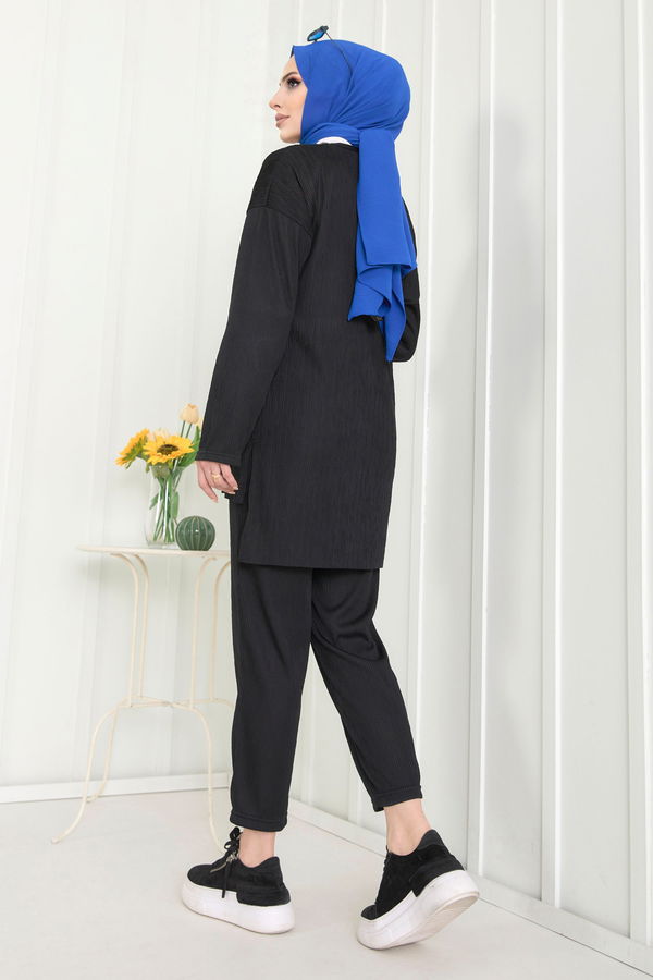 Düz Bisiklet Yaka Kadın Siyah Tunik+Pantolon - 22521