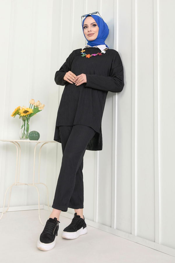 Düz Bisiklet Yaka Kadın Siyah Tunik+Pantolon - 22521