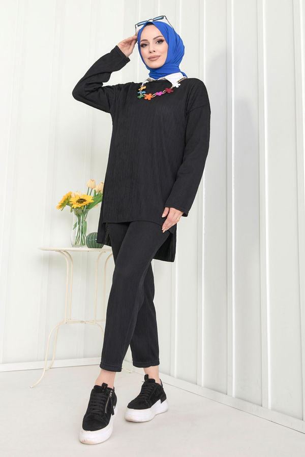 Düz Bisiklet Yaka Kadın Siyah Tunik+Pantolon - 22521