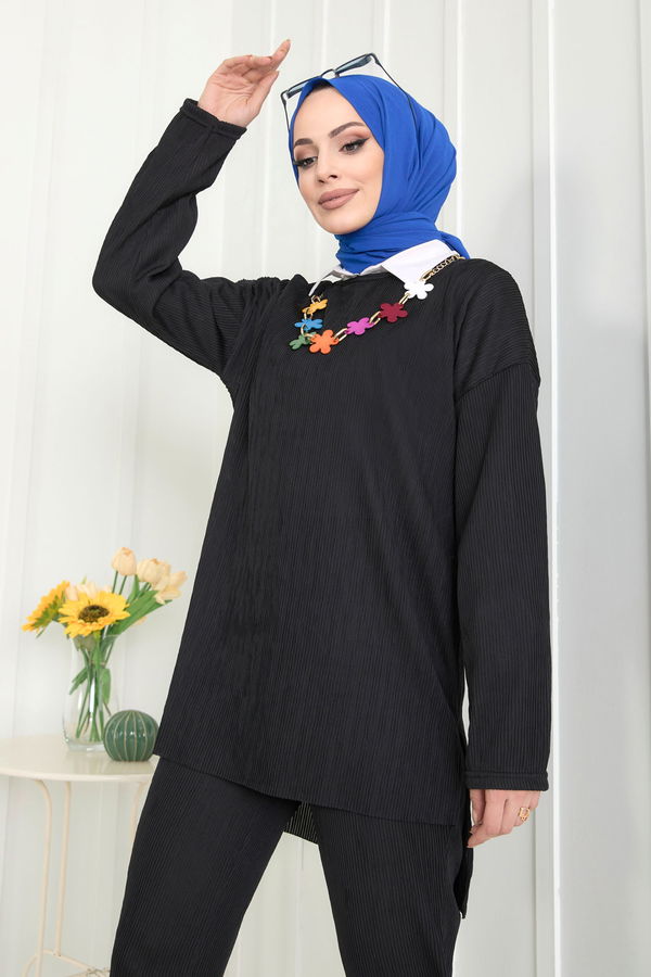 Düz Bisiklet Yaka Kadın Siyah Tunik+Pantolon - 22521