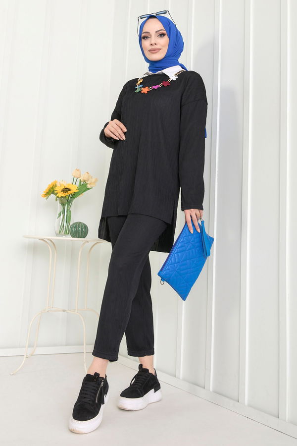 Düz Bisiklet Yaka Kadın Siyah Tunik+Pantolon - 22521
