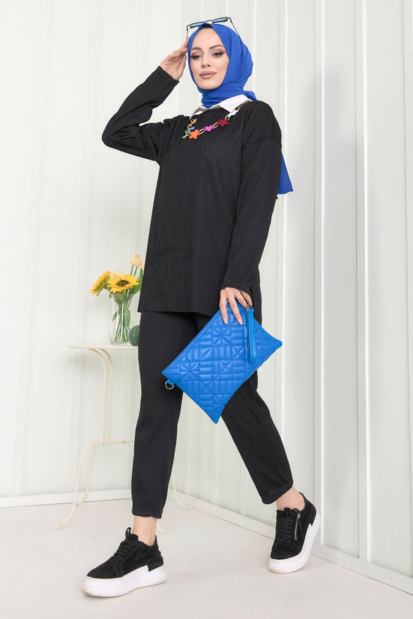 Düz Bisiklet Yaka Kadın Siyah Tunik+Pantolon - 22521