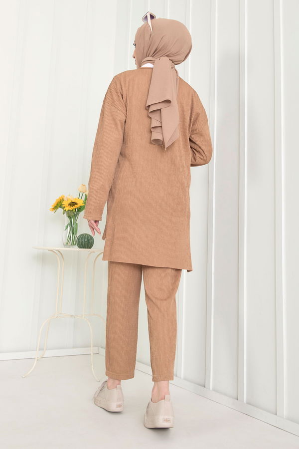 Düz Bisiklet Yaka Kadın Taba Tunik+Pantolon - 22521