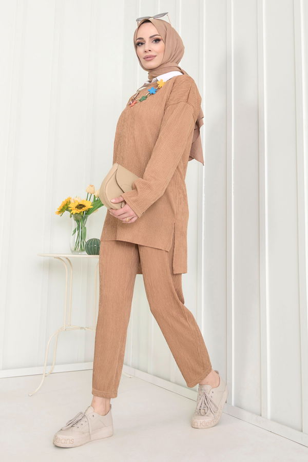 Düz Bisiklet Yaka Kadın Taba Tunik+Pantolon - 22521