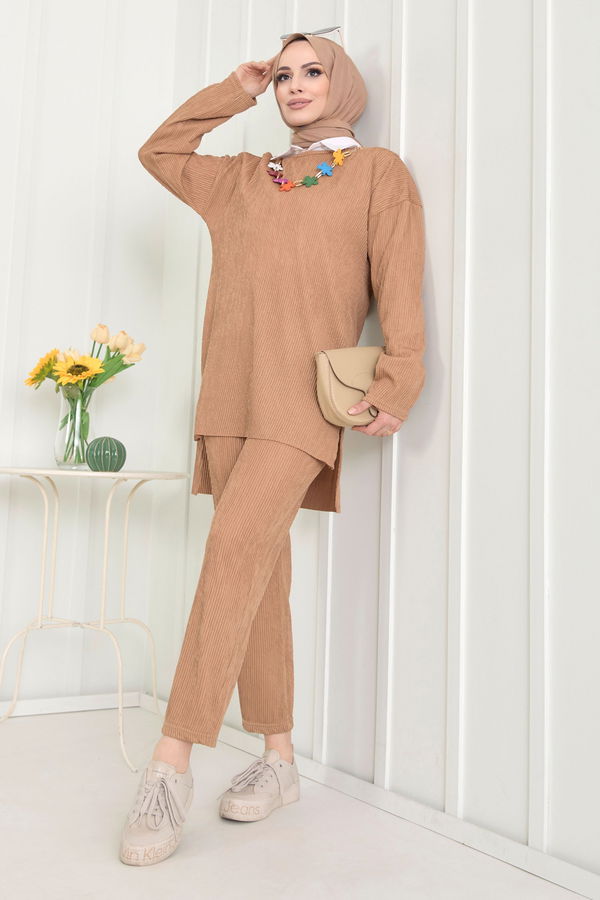 Düz Bisiklet Yaka Kadın Taba Tunik+Pantolon - 22521