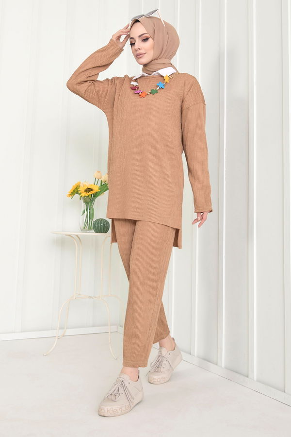 Düz Bisiklet Yaka Kadın Taba Tunik+Pantolon - 22521
