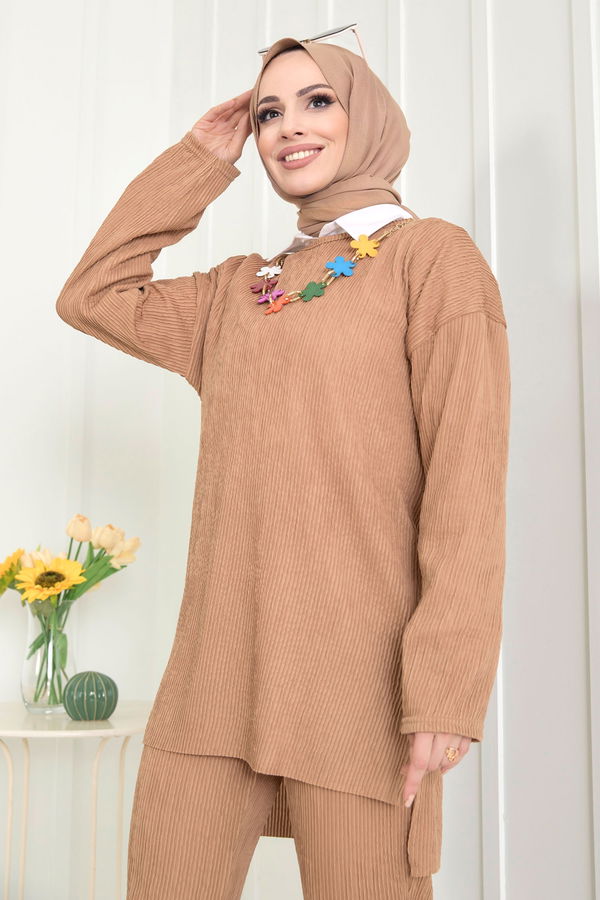Düz Bisiklet Yaka Kadın Taba Tunik+Pantolon - 22521