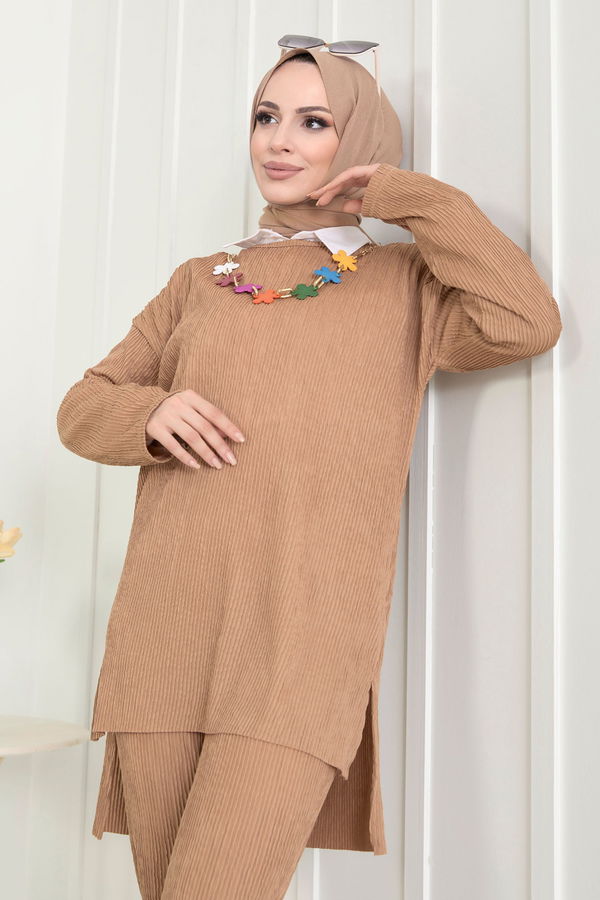 Düz Bisiklet Yaka Kadın Taba Tunik+Pantolon - 22521