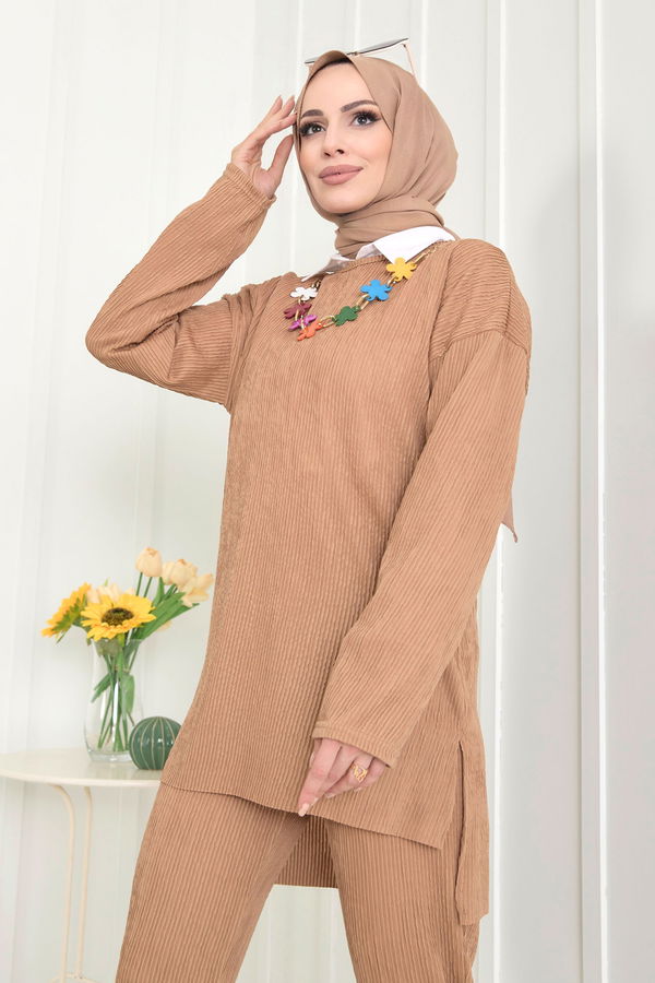 Düz Bisiklet Yaka Kadın Taba Tunik+Pantolon - 22521