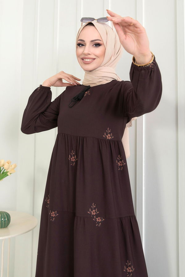 Düz Bebe Yaka Kadın Kahverengi Elbise - 22255
