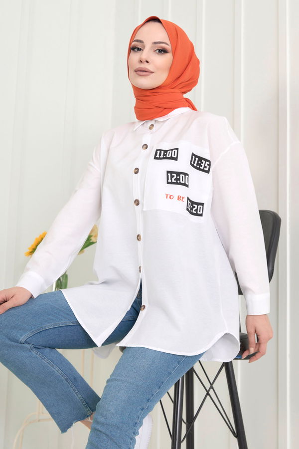 Düz Gömlek Yaka Kadın Beyaz Gömlek - 11467