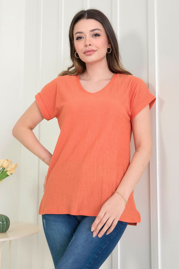 Düz Orta Kadın Turuncu Bluz - 22529