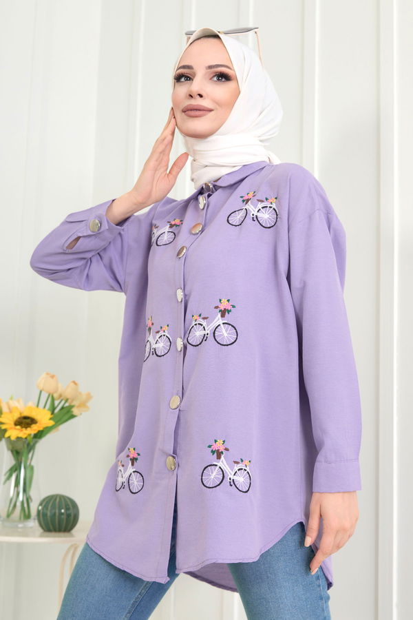 Düz Gömlek Yaka Kadın Lila Gömlek - 11579