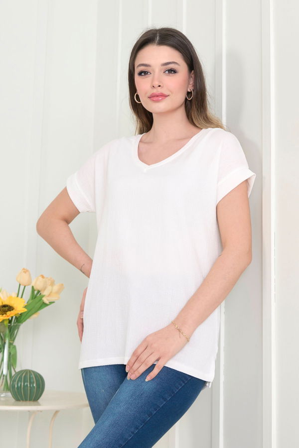 Düz Orta Kadın Beyaz Bluz - 22529