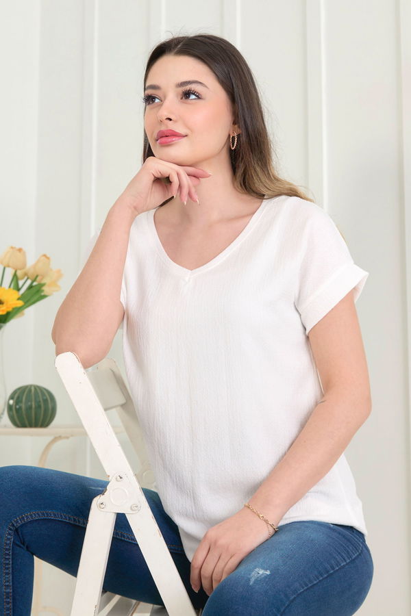 Düz Orta Kadın Beyaz Bluz - 22529