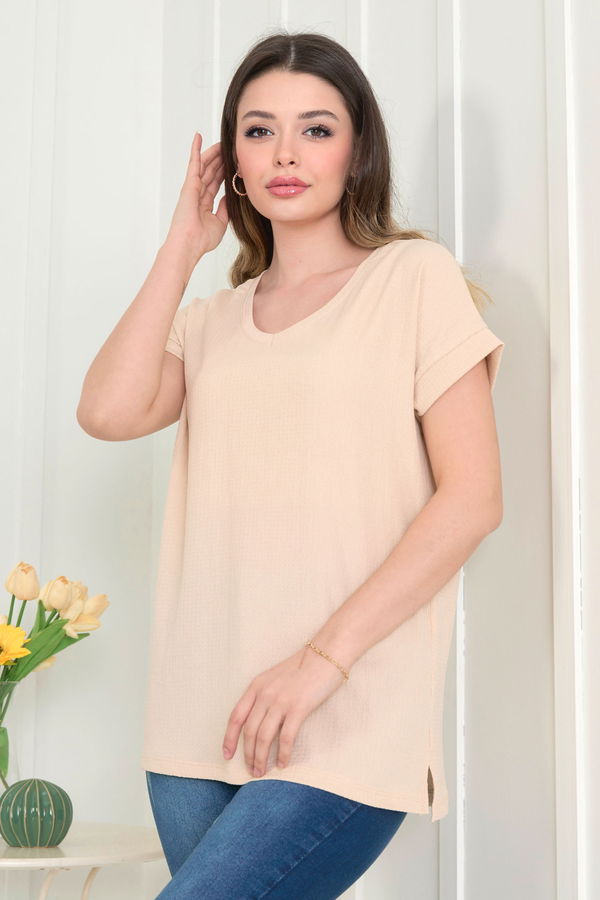 Düz Orta Kadın Bej Bluz - 22529